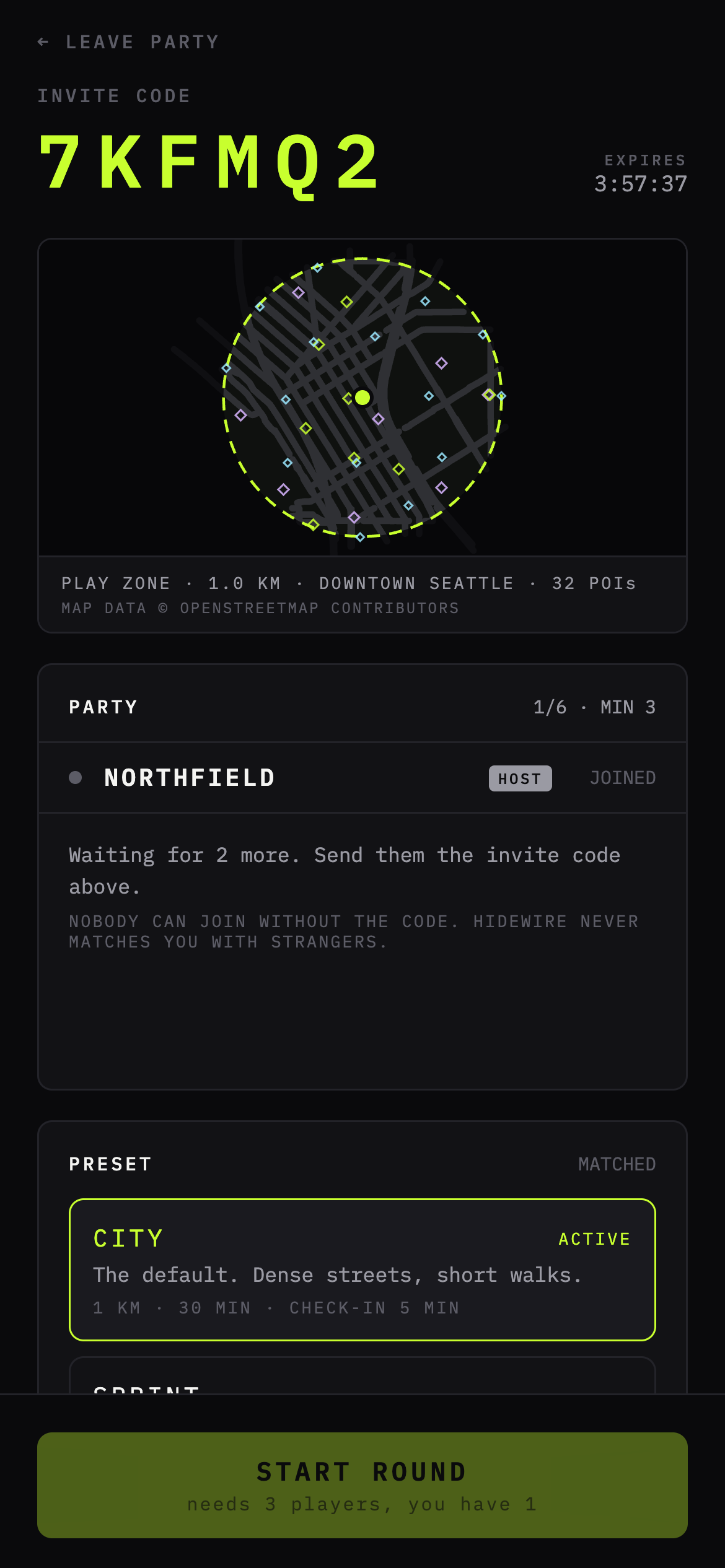The Hidewire lobby: an invite code in large type, the play zone drawn on a city map, and the party waiting to start.