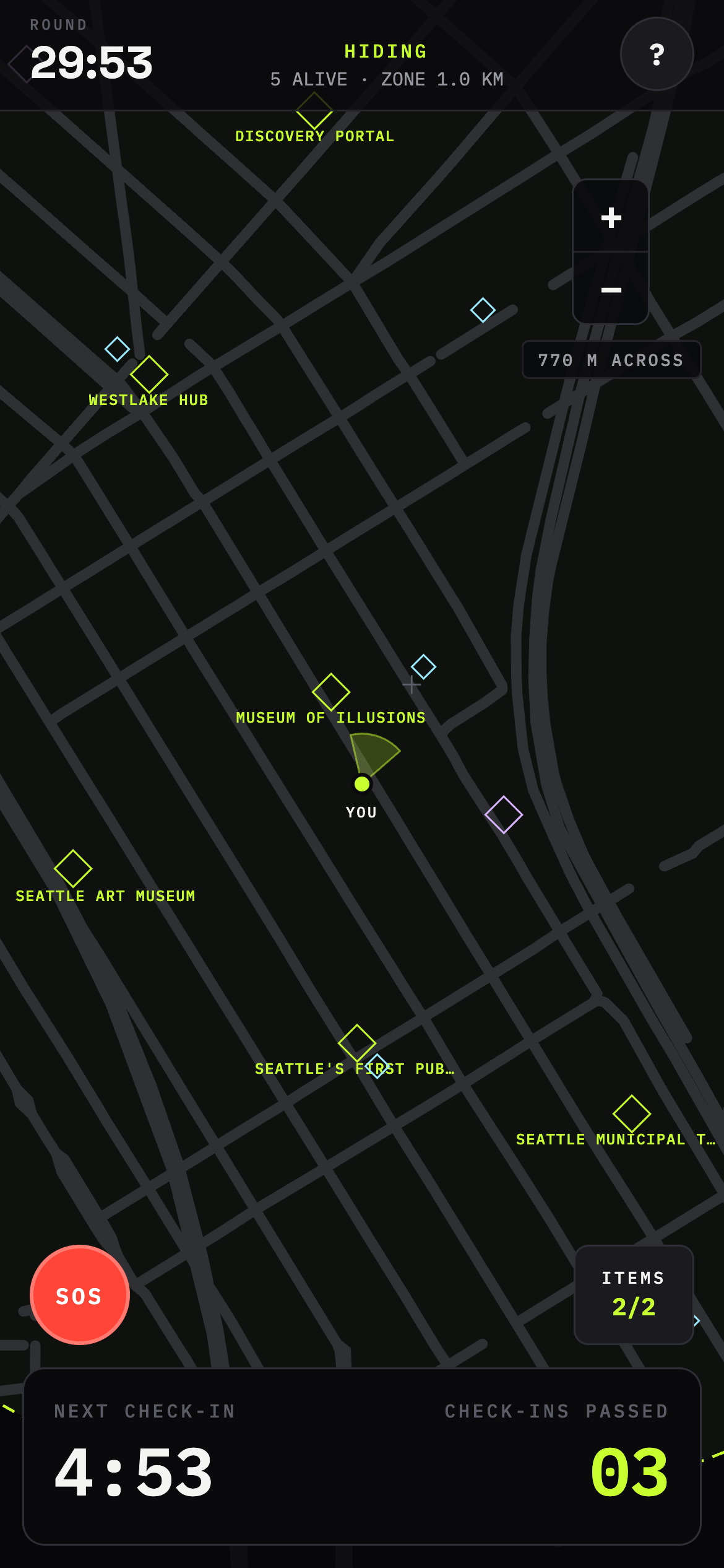 A round in progress: the round clock, a dark city map with landmarks, and a countdown to the next check-in.